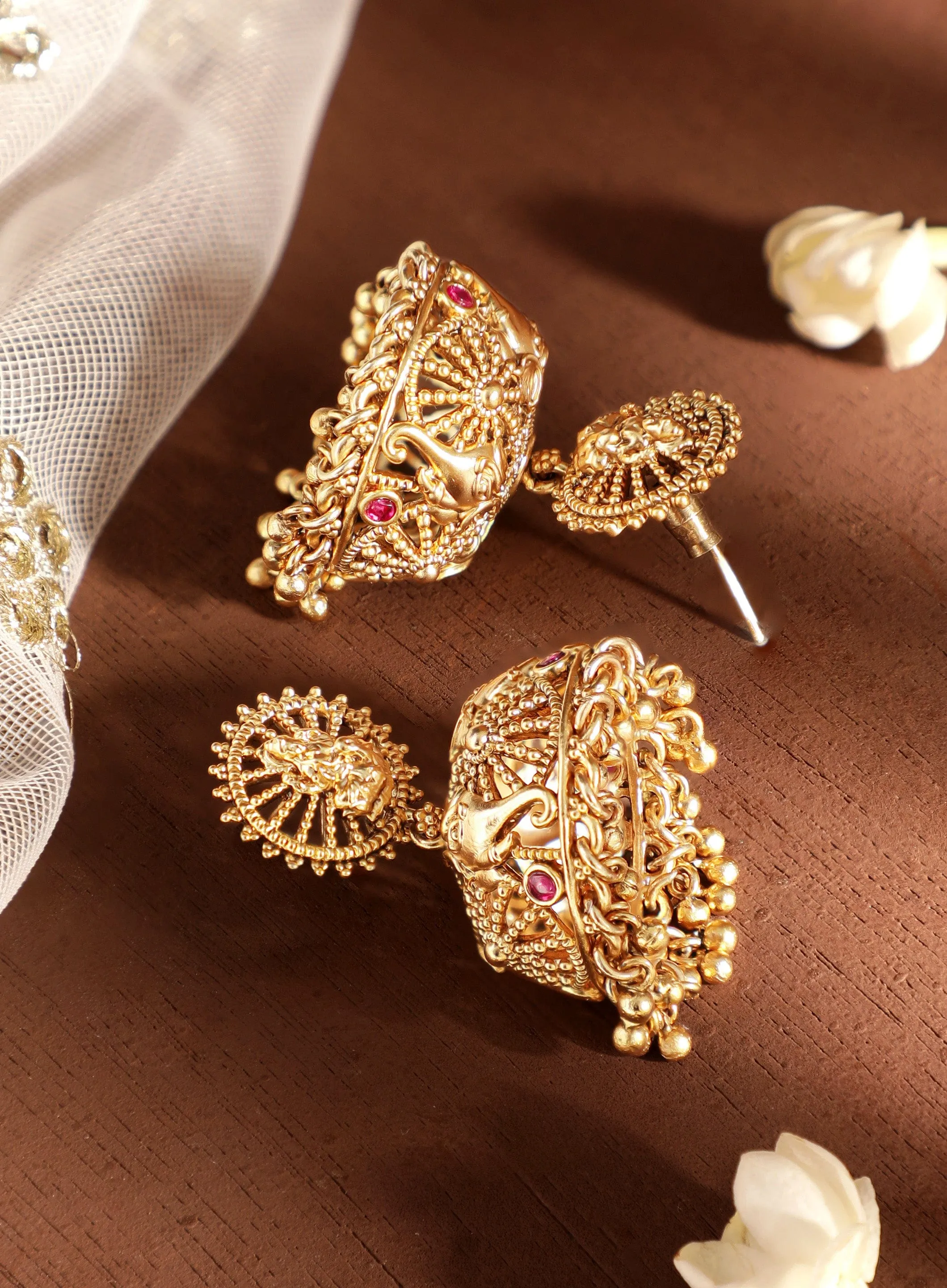 Rubans Exquisite 22k Gold-Plated Temple Floral Jhumka Earrings