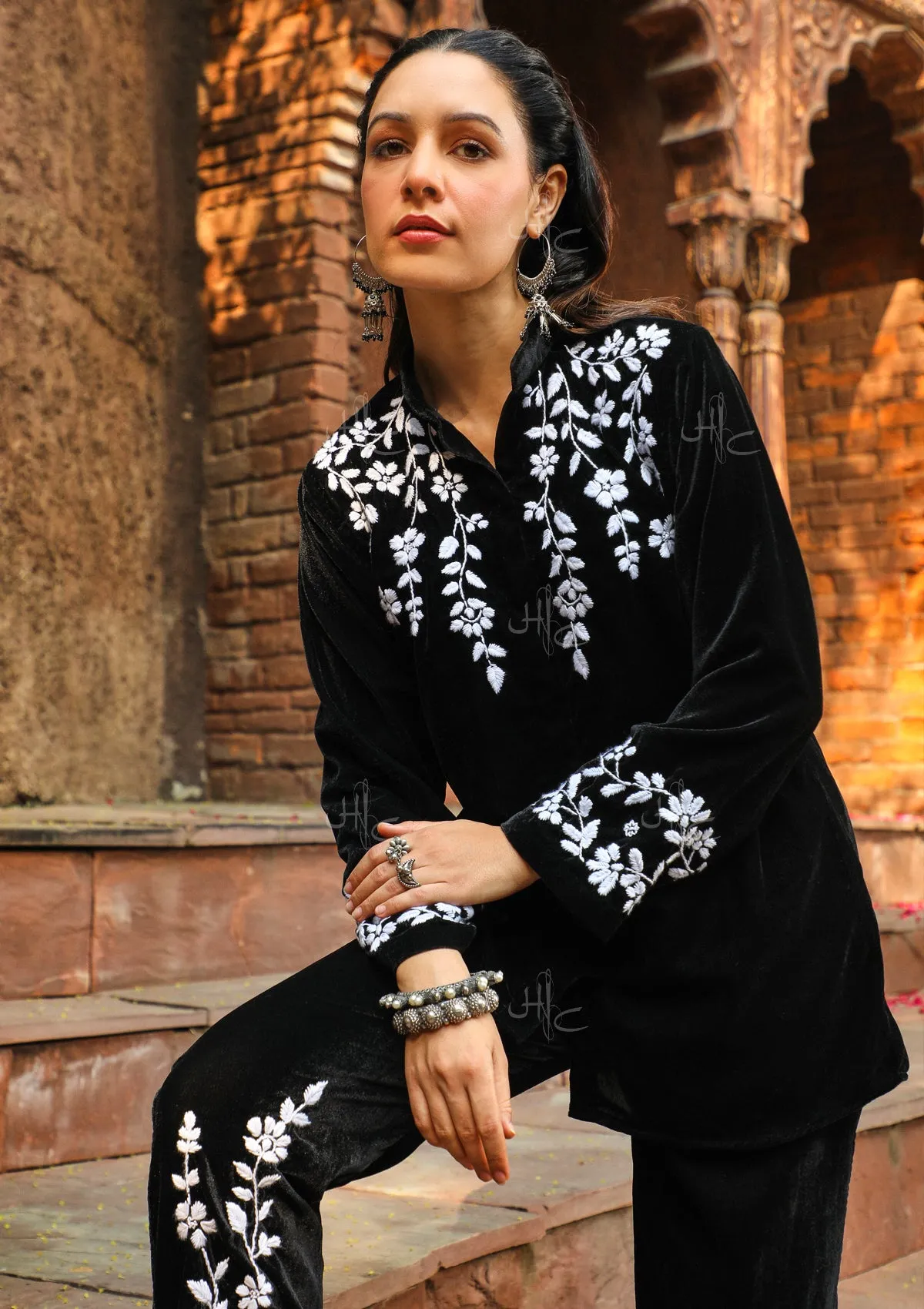 Rumi Chikankari Velvet Straight Shirt Set