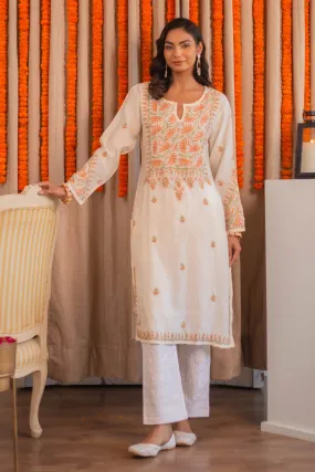 Saba Chikankari Long Kurta In Modal Silk - Off White With Coloured Embroidery