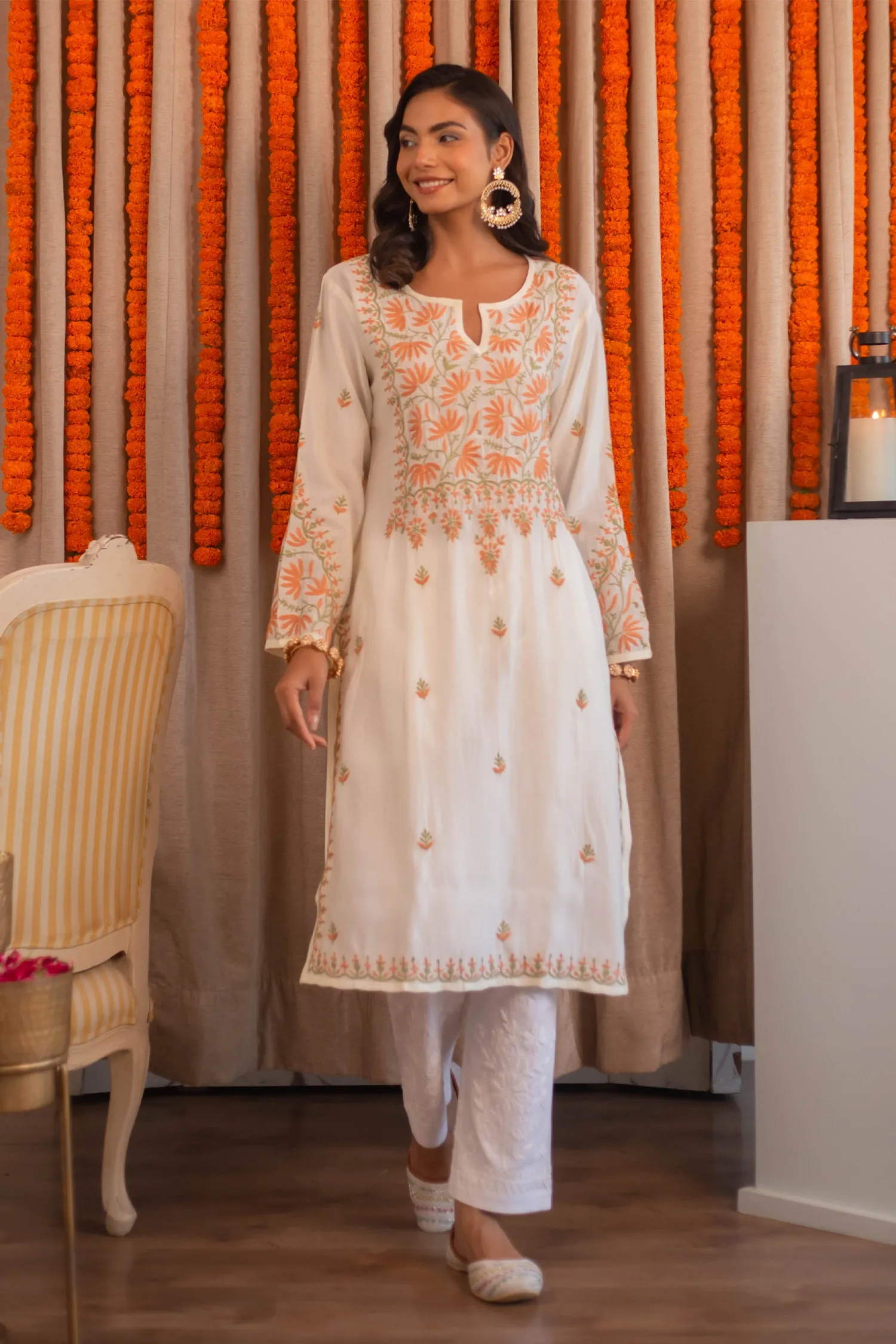 Saba Chikankari Long Kurta In Modal Silk - Off White With Coloured Embroidery