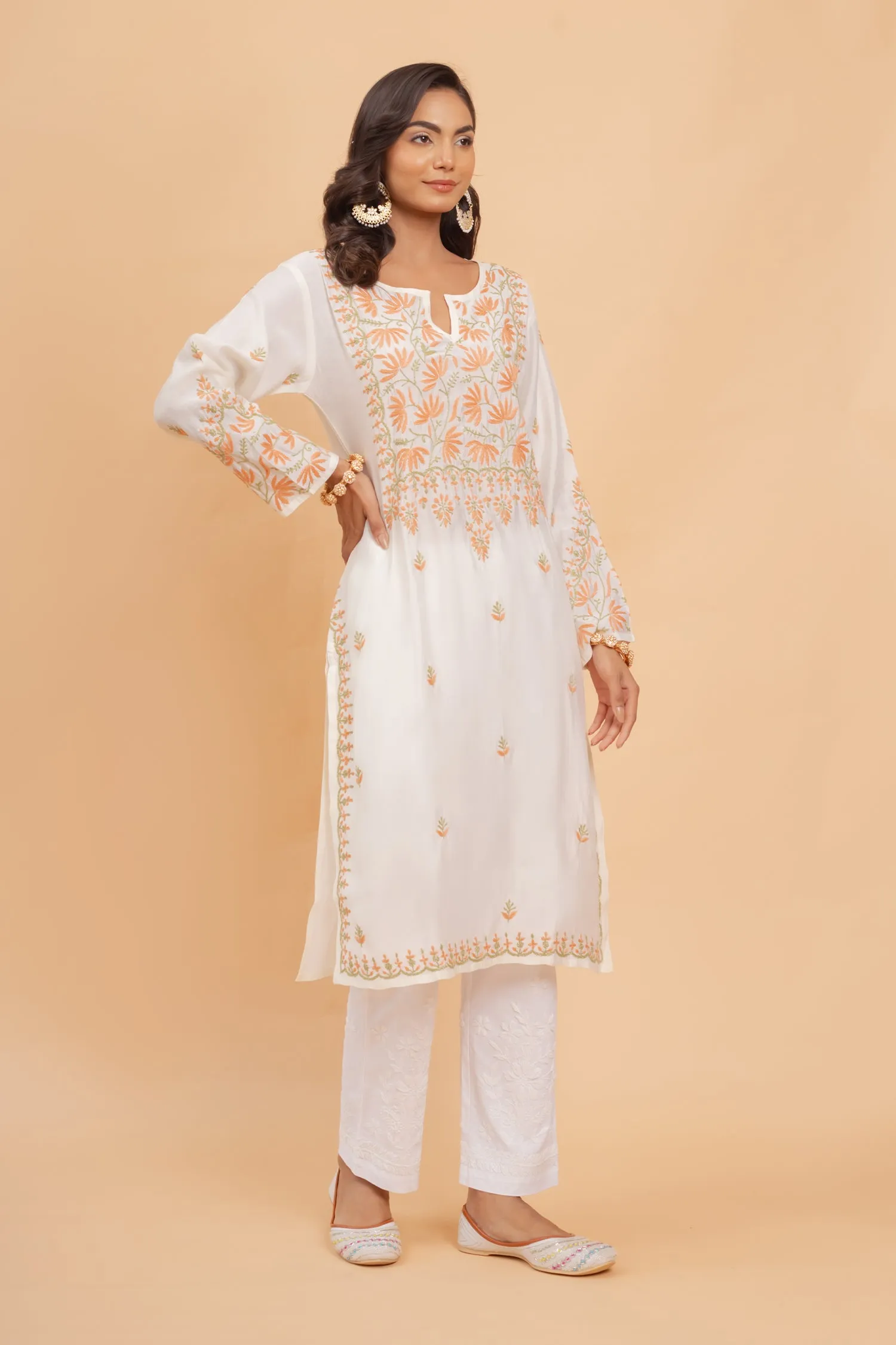 Saba Chikankari Long Kurta In Modal Silk - Off White With Coloured Embroidery