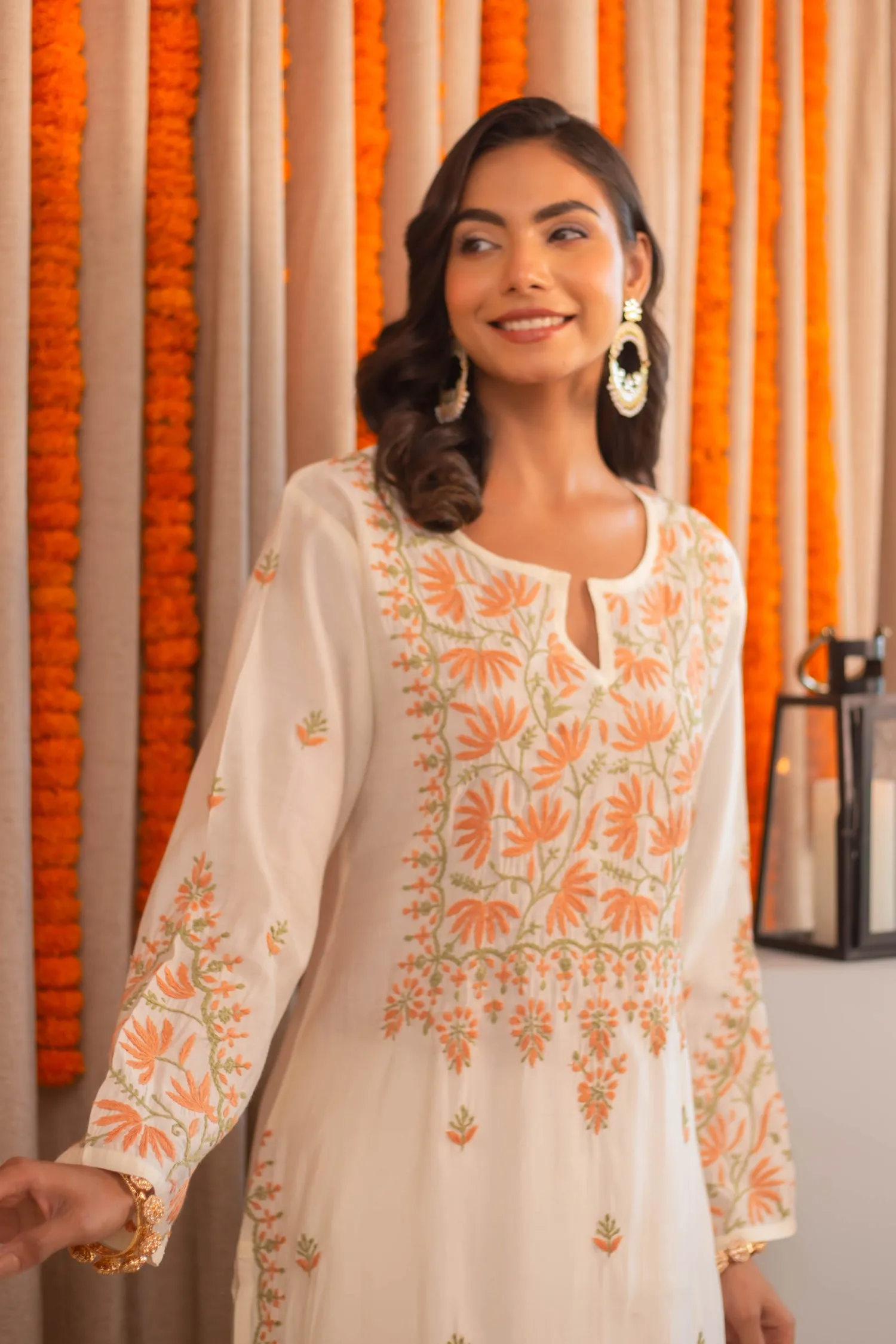 Saba Chikankari Long Kurta In Modal Silk - Off White With Coloured Embroidery