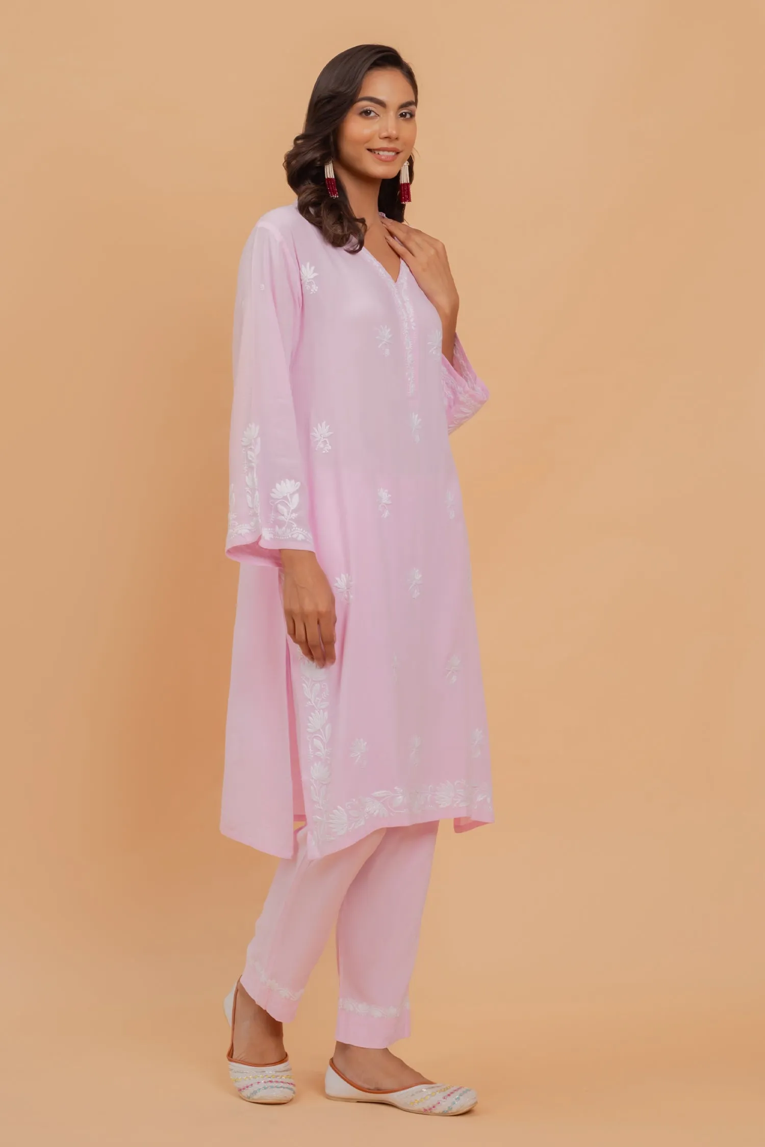 Saba Chikankari Long Kurta Set In Rayon - Pink