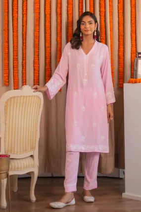 Saba Chikankari Long Kurta Set In Rayon - Pink