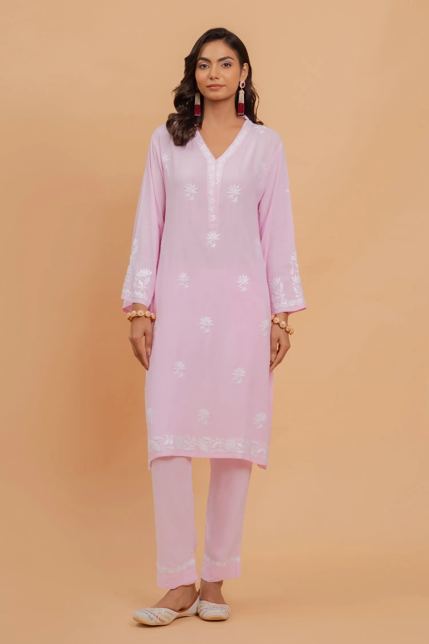 Saba Chikankari Long Kurta Set In Rayon - Pink