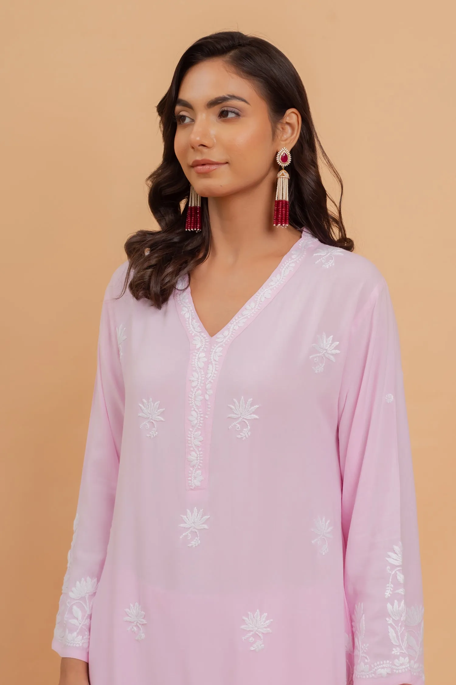 Saba Chikankari Long Kurta Set In Rayon - Pink