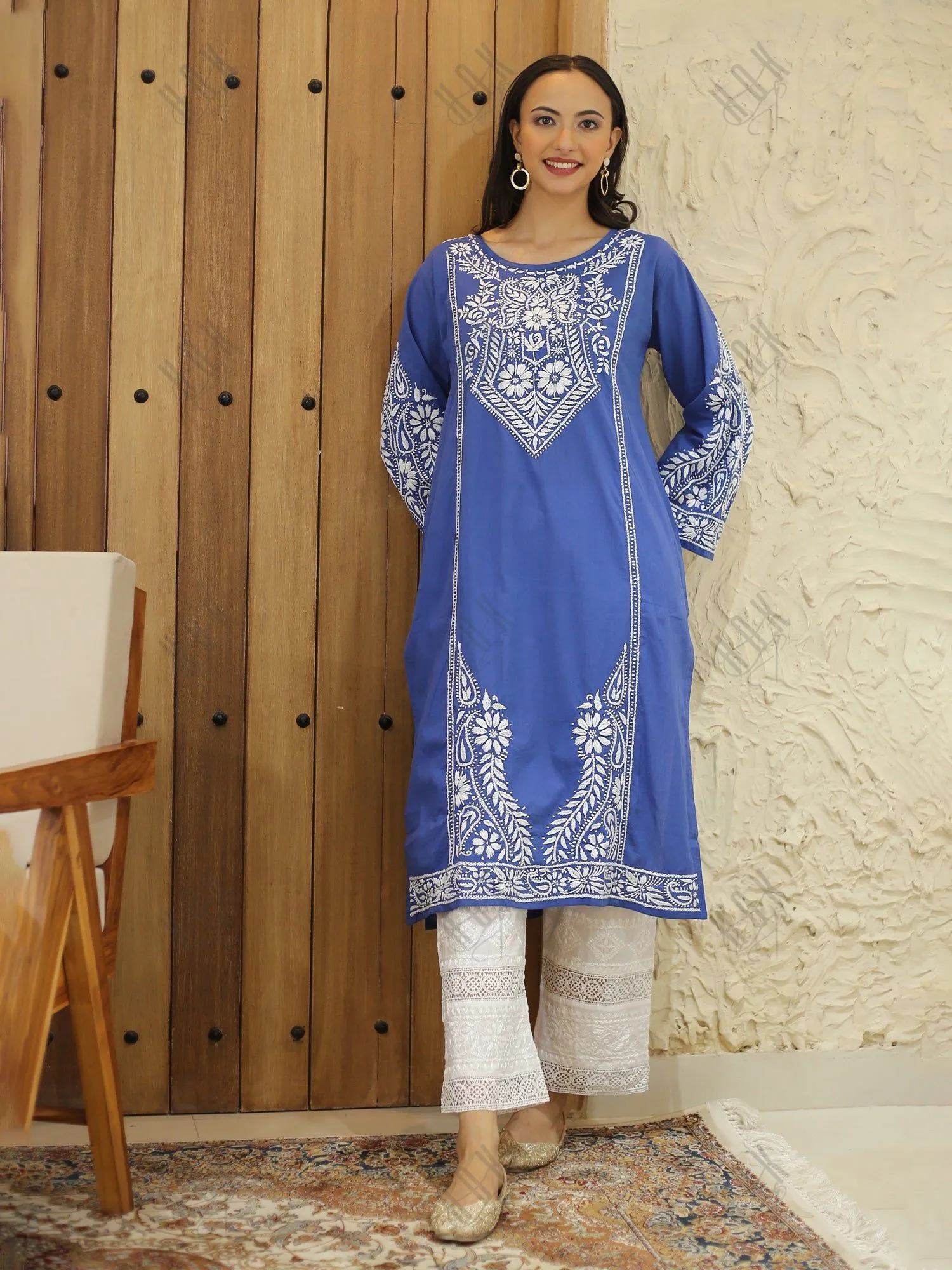 Saba Chikankari Long Kurti in Cambric Cotton - Blue