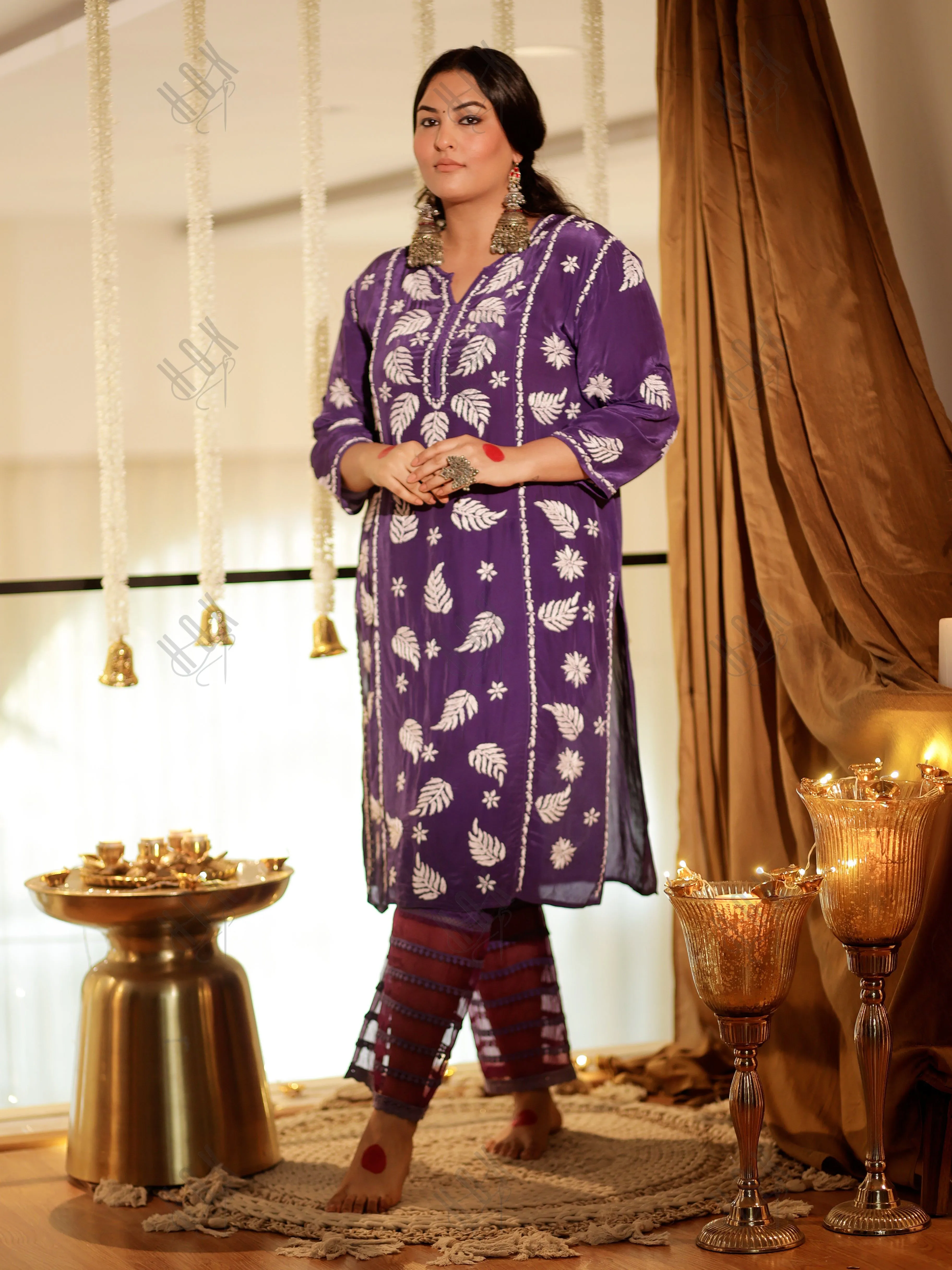 Sakshi Sindhwani Chikankari Crepe Silk Kurta for Women in Purple Notch Neck