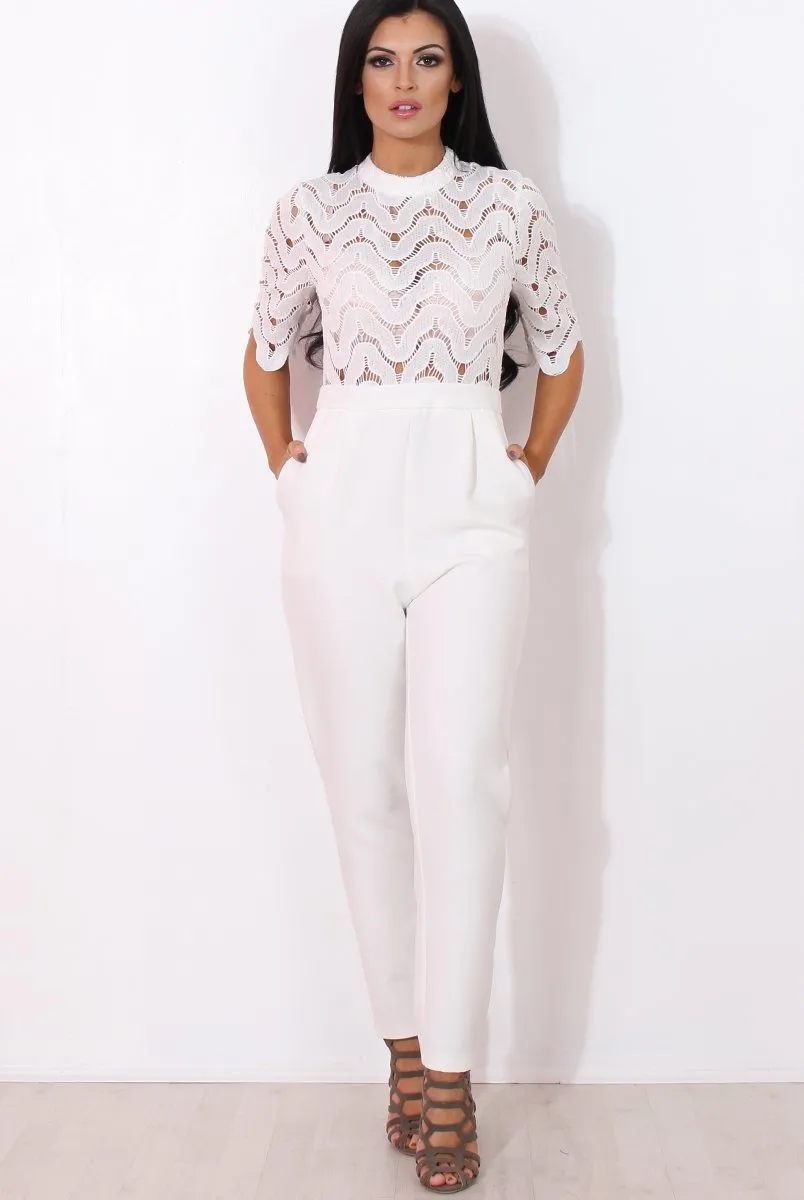 Sergin White Lace High Neck Jumpsuit