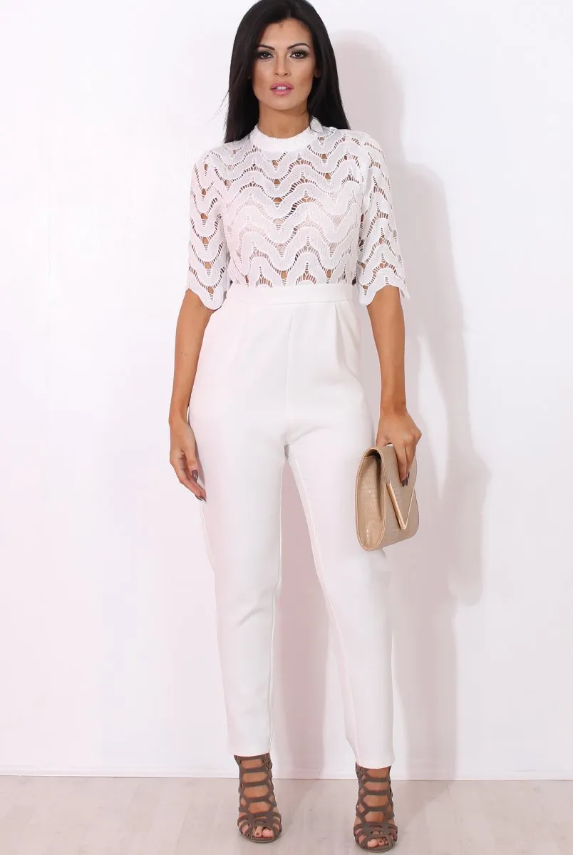 Sergin White Lace High Neck Jumpsuit