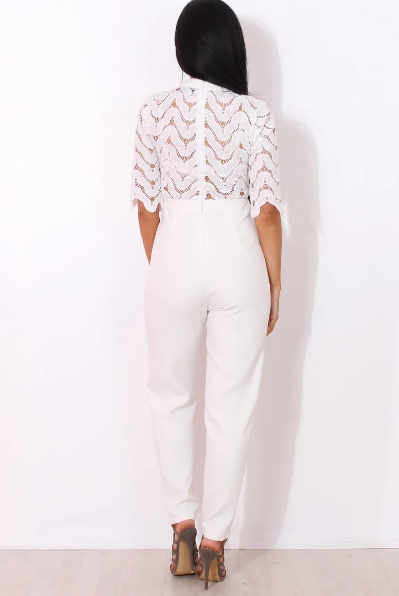 Sergin White Lace High Neck Jumpsuit