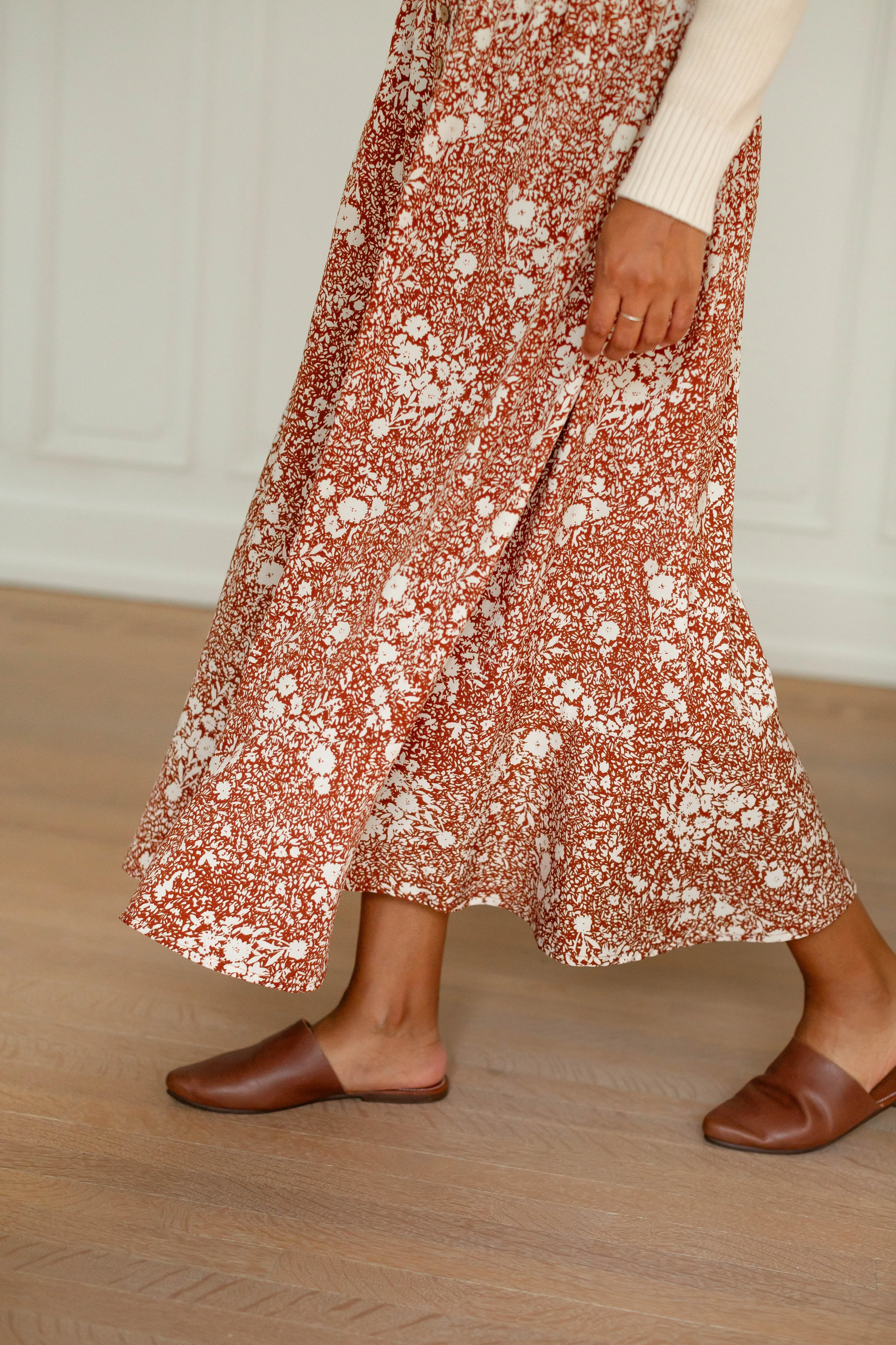 'Shauna' Smocked Waist Floral Maxi Skirt in Rust