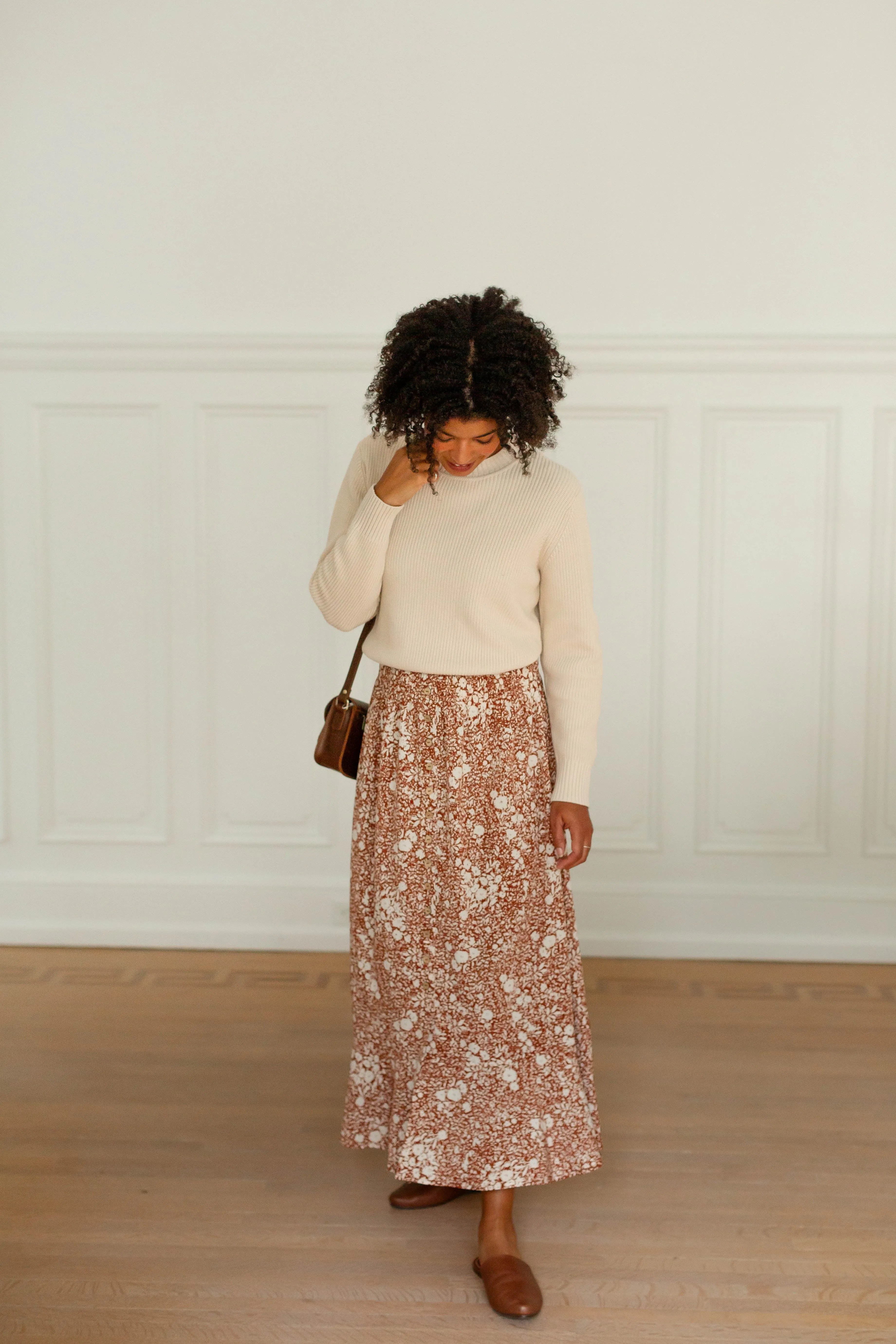 'Shauna' Smocked Waist Floral Maxi Skirt in Rust