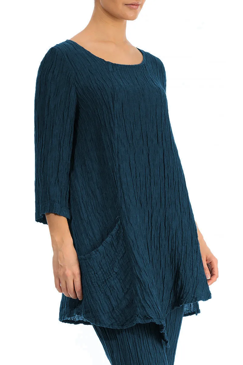 Side Pocket Crinkled Navy Silk Tunic