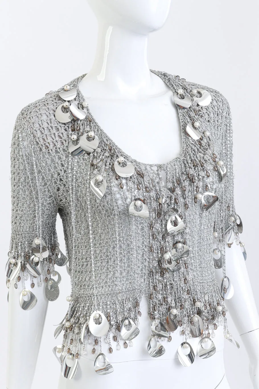 Silver Crochet Knit Paillette Fringe Top