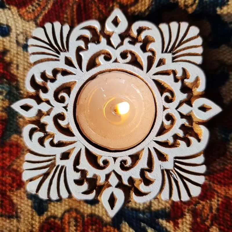 Square Hand Engraved Wood Tealight Holder