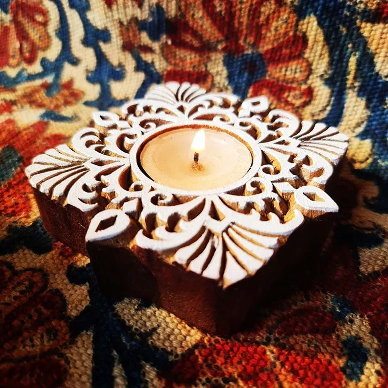 Square Hand Engraved Wood Tealight Holder