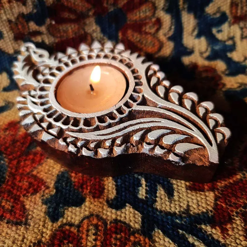 Stemmed Flower Hand Engraved Wood Tealight Candle Holder