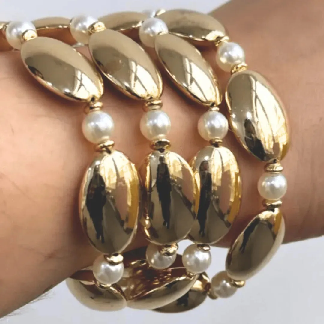 TFC Long Bold Beads With Pearls Gold Plated Stacked Bracelet (Set of 4)