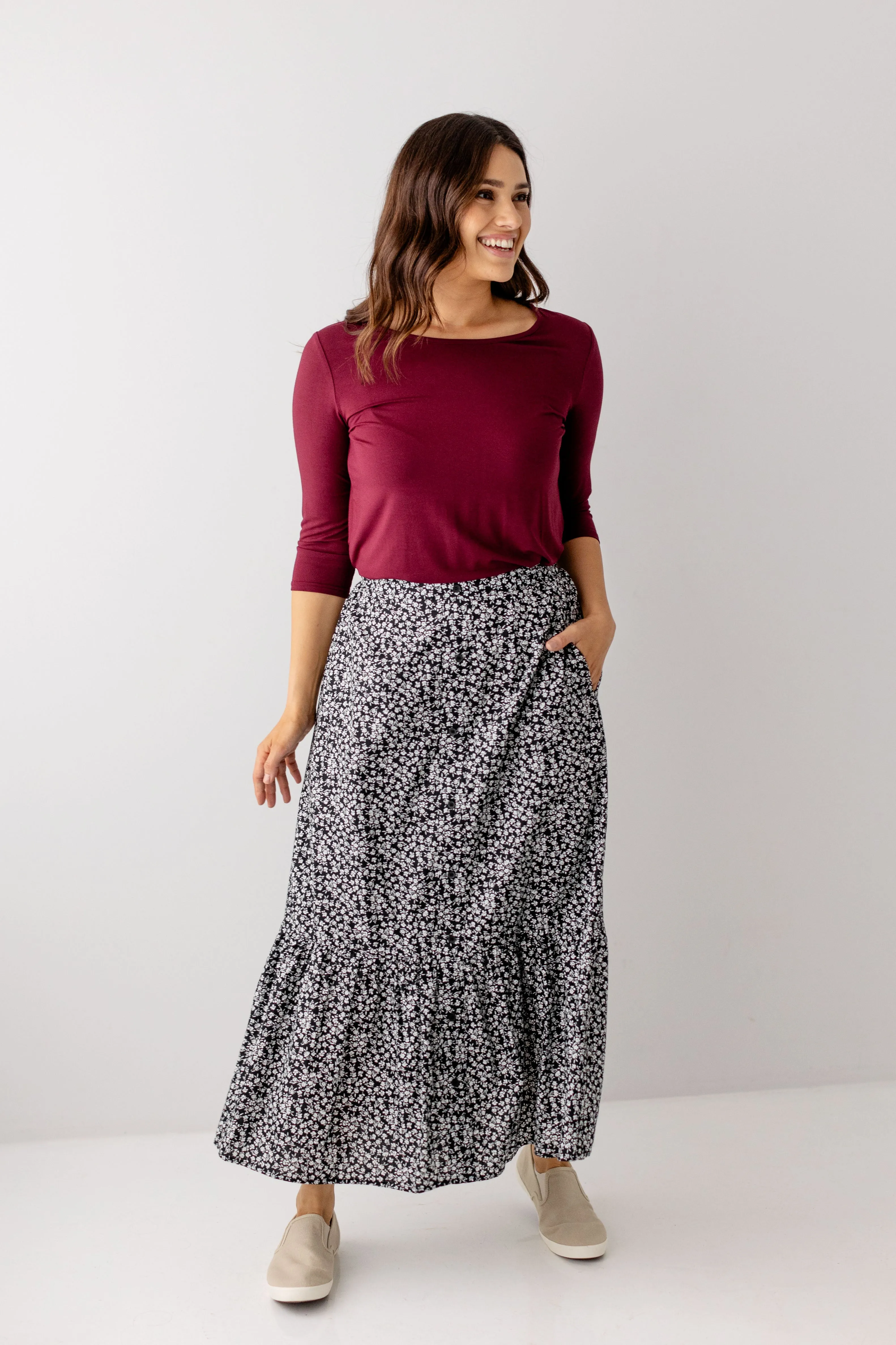 'Tilney' Button Down Floral Maxi Skirt in Black FINAL SALE