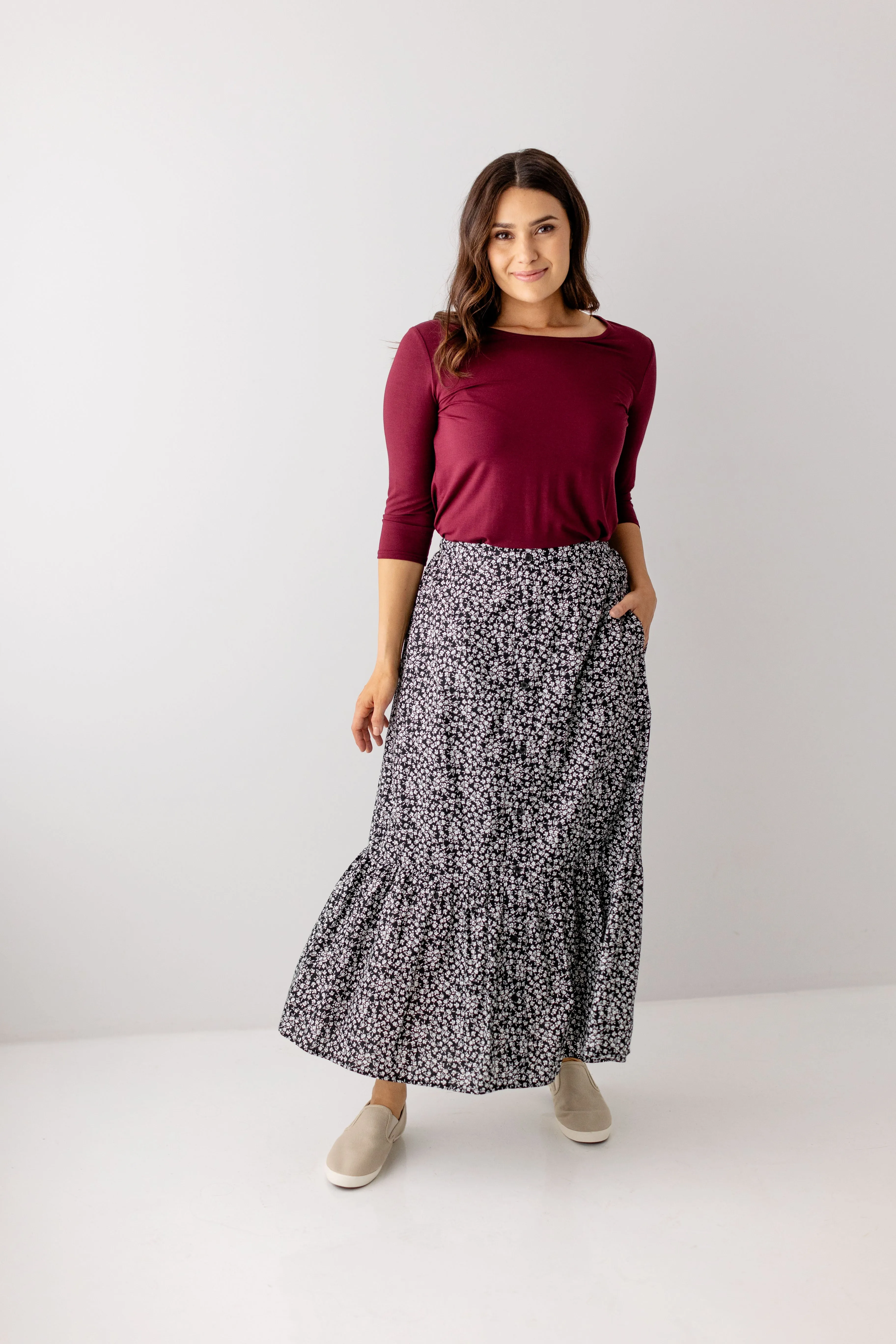 'Tilney' Button Down Floral Maxi Skirt in Black FINAL SALE