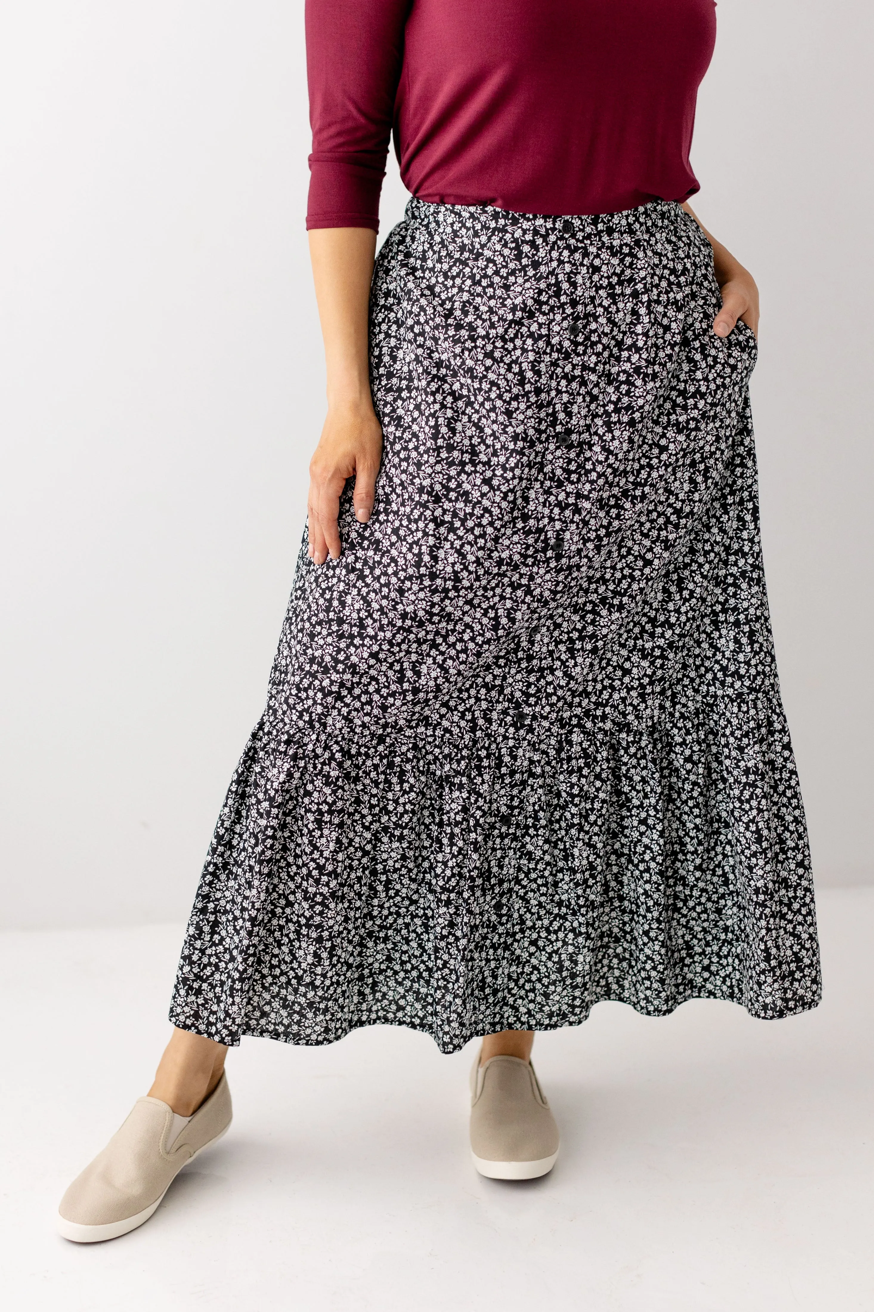 'Tilney' Button Down Floral Maxi Skirt in Black FINAL SALE