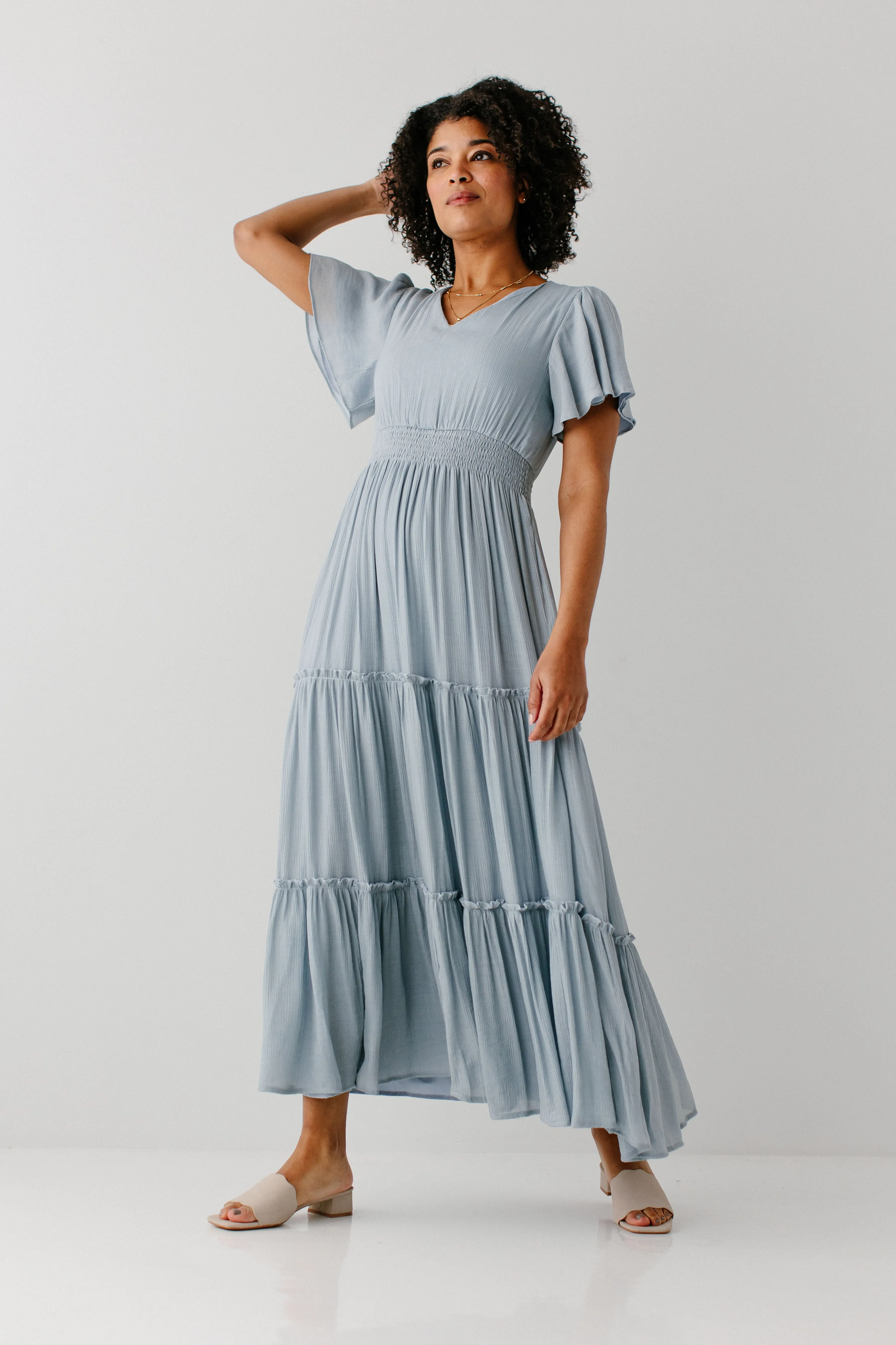 'Vanessa' Flutter Sleeve Tiered Maxi Dress in Soft Blue FINAL SALE