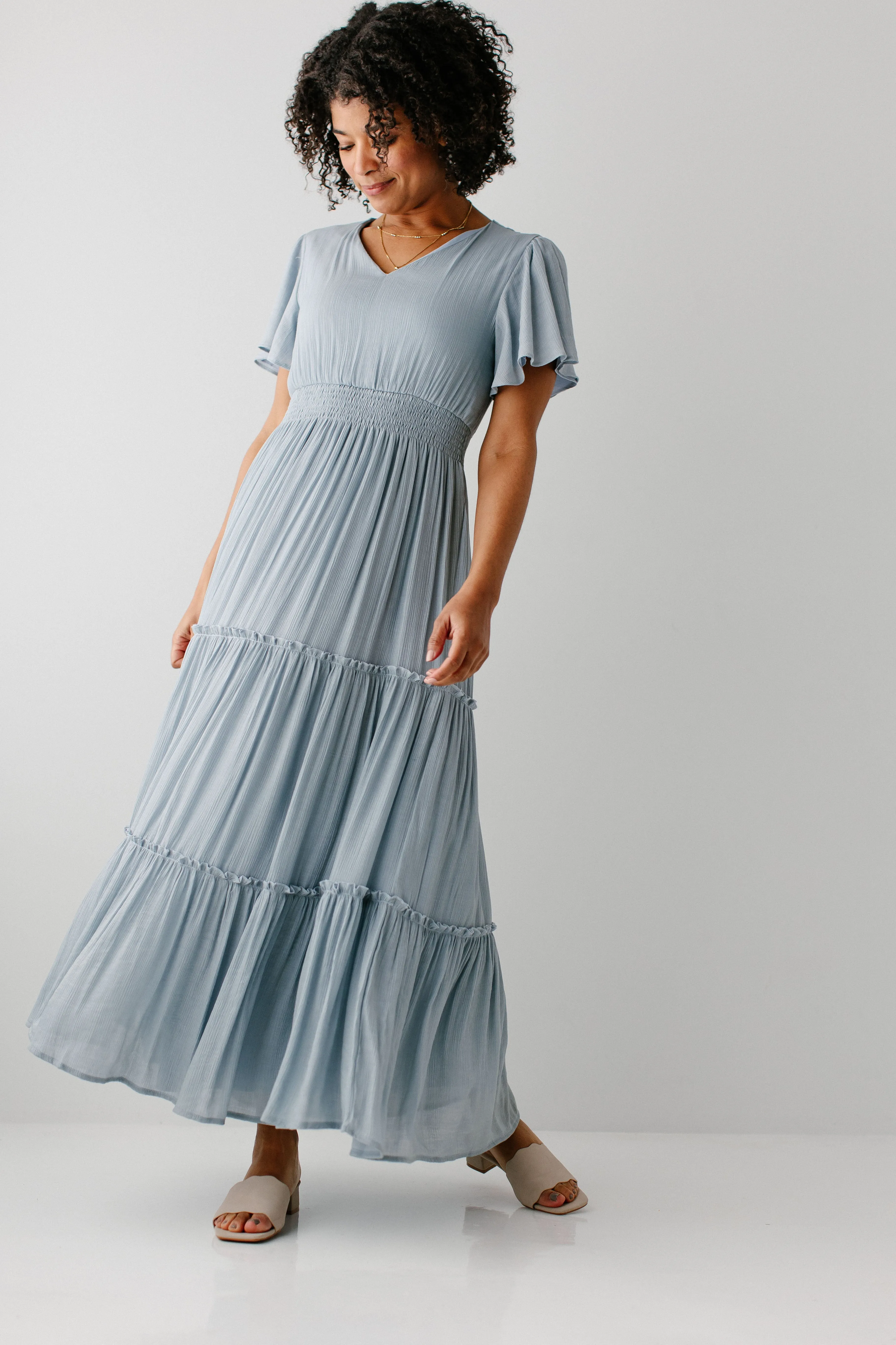 'Vanessa' Flutter Sleeve Tiered Maxi Dress in Soft Blue FINAL SALE