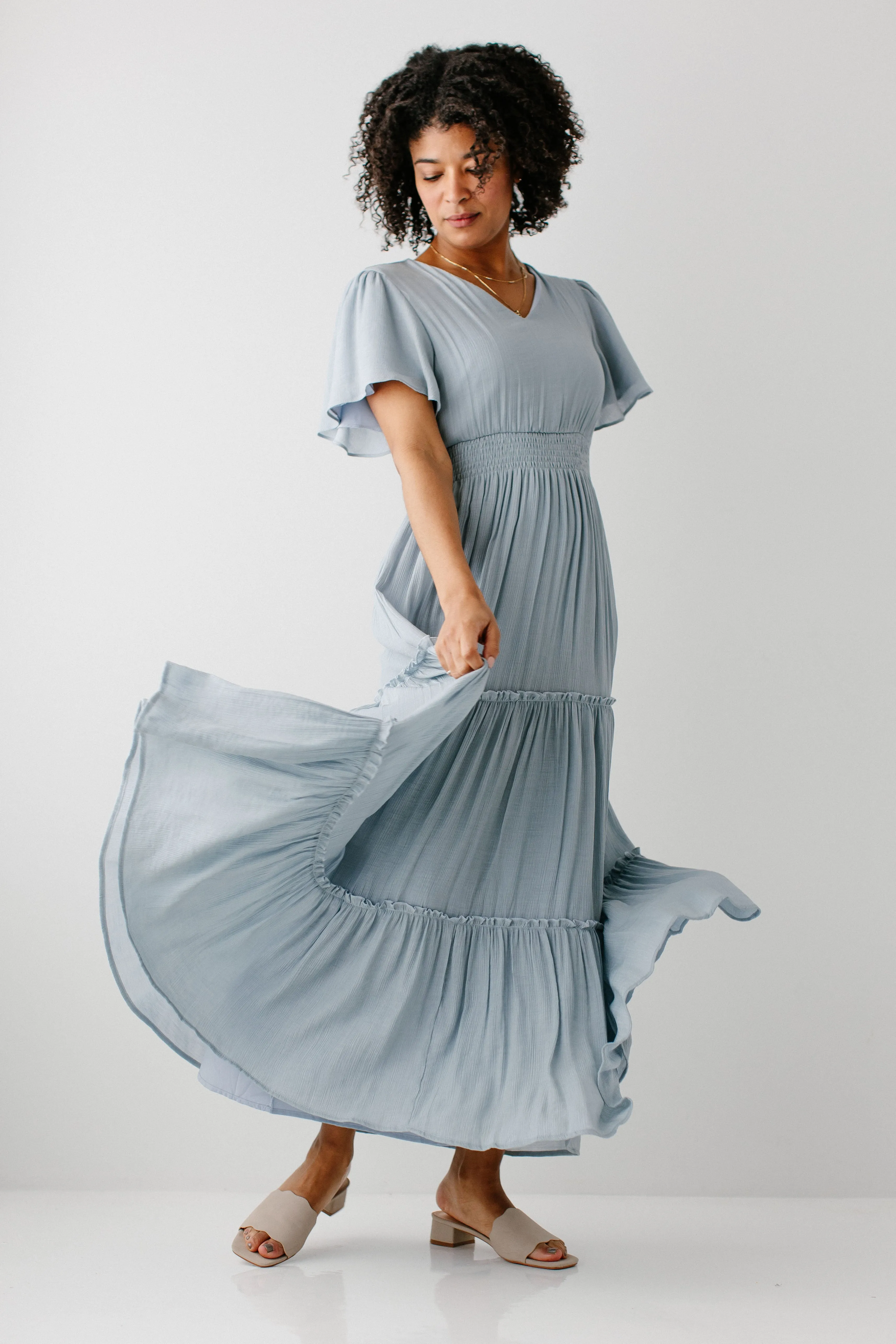 'Vanessa' Flutter Sleeve Tiered Maxi Dress in Soft Blue FINAL SALE