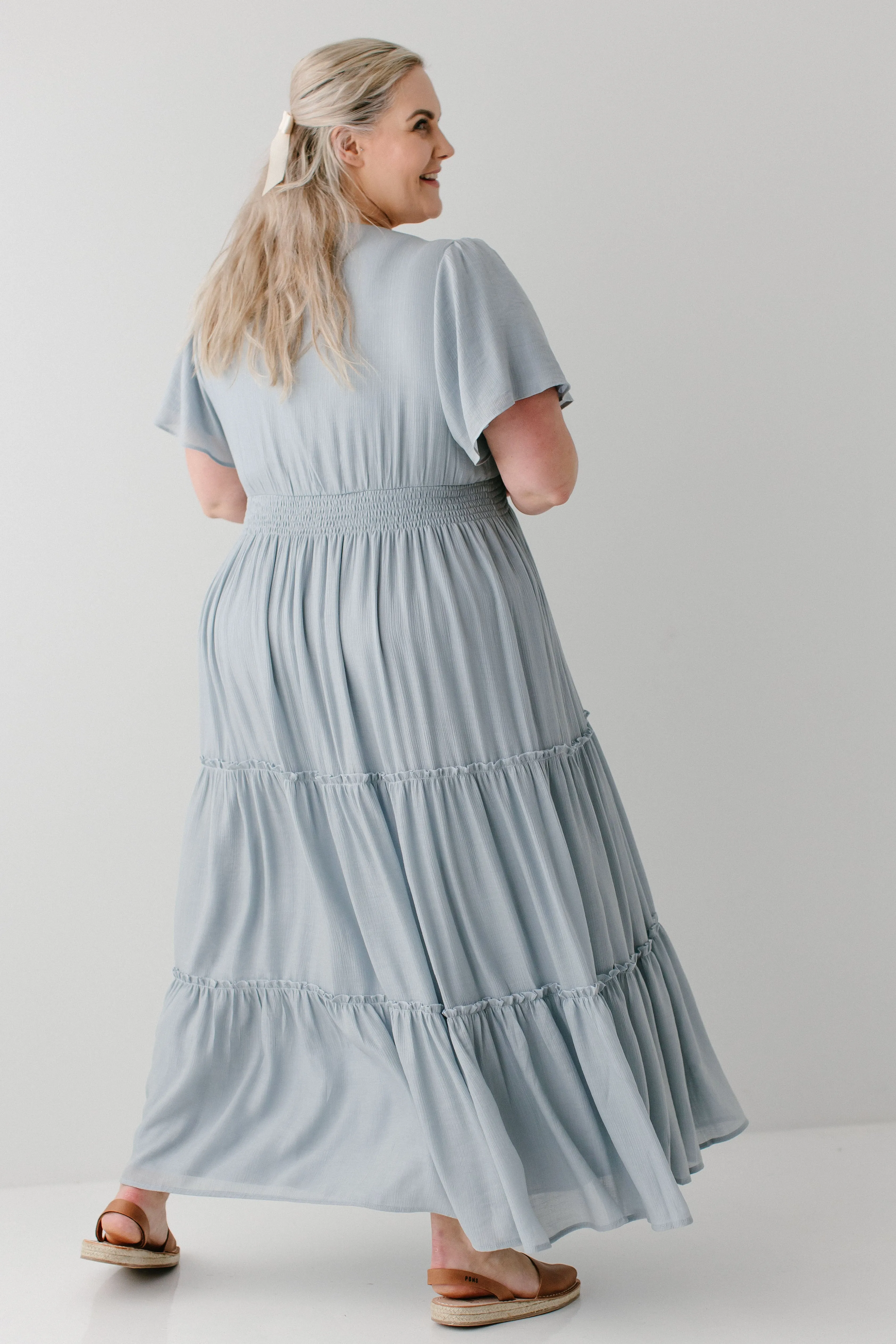 'Vanessa' Flutter Sleeve Tiered Maxi Dress in Soft Blue FINAL SALE