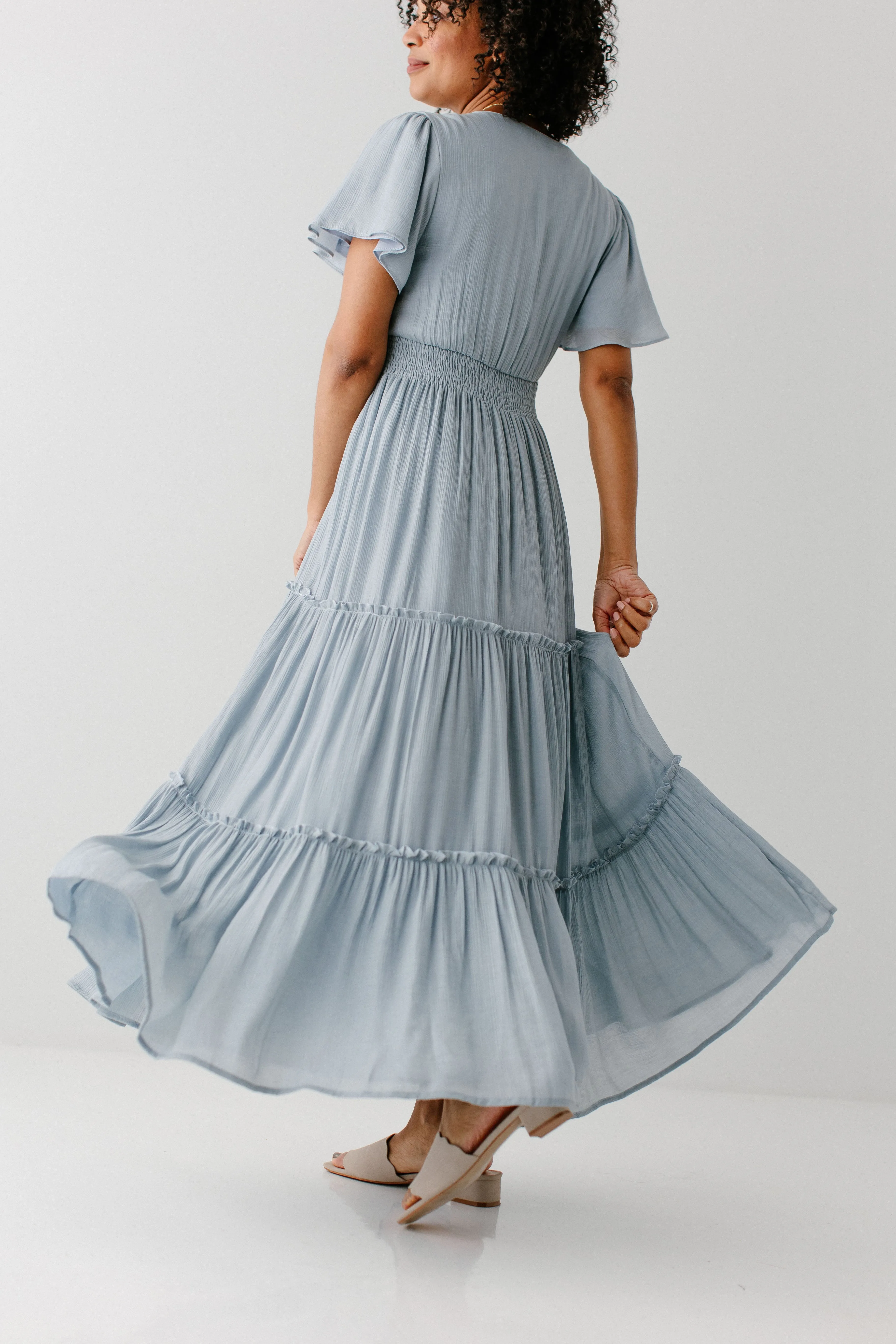 'Vanessa' Flutter Sleeve Tiered Maxi Dress in Soft Blue FINAL SALE