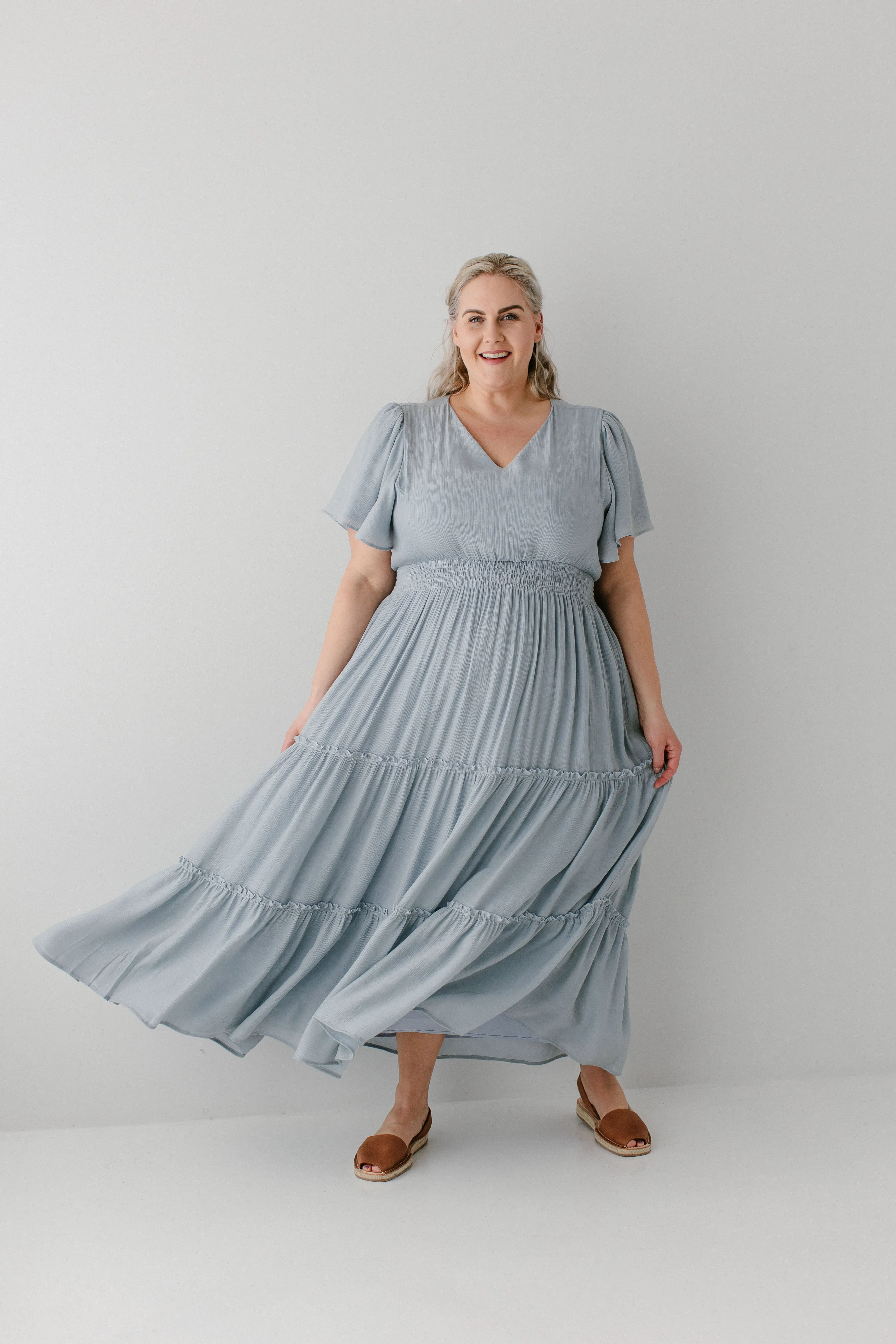 'Vanessa' Flutter Sleeve Tiered Maxi Dress in Soft Blue FINAL SALE