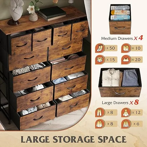 WLIVE Tall Dresser for Bedroom with 12 Drawers, Chests of Drawers, Fabric Dresser for Bedroom, Closet, Fabric Storage Dresser with Drawers, Steel Frame, Rustic Brown Wood Grain Print