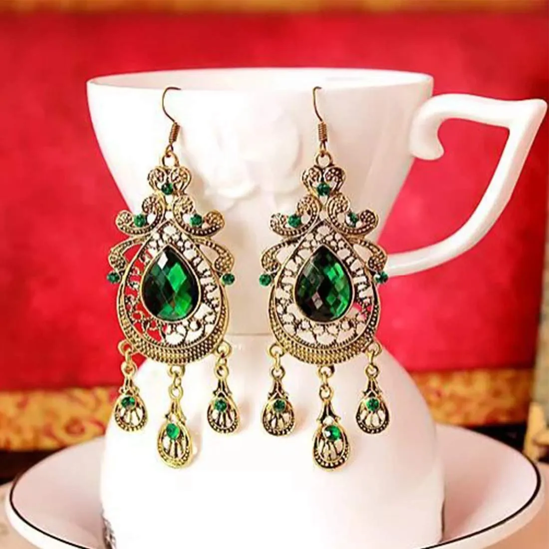 Yellow Chimes Designer Ethnic Green Crystal Oxidized Gold Plated Chandbali Dangle Earrings For Women and Girls