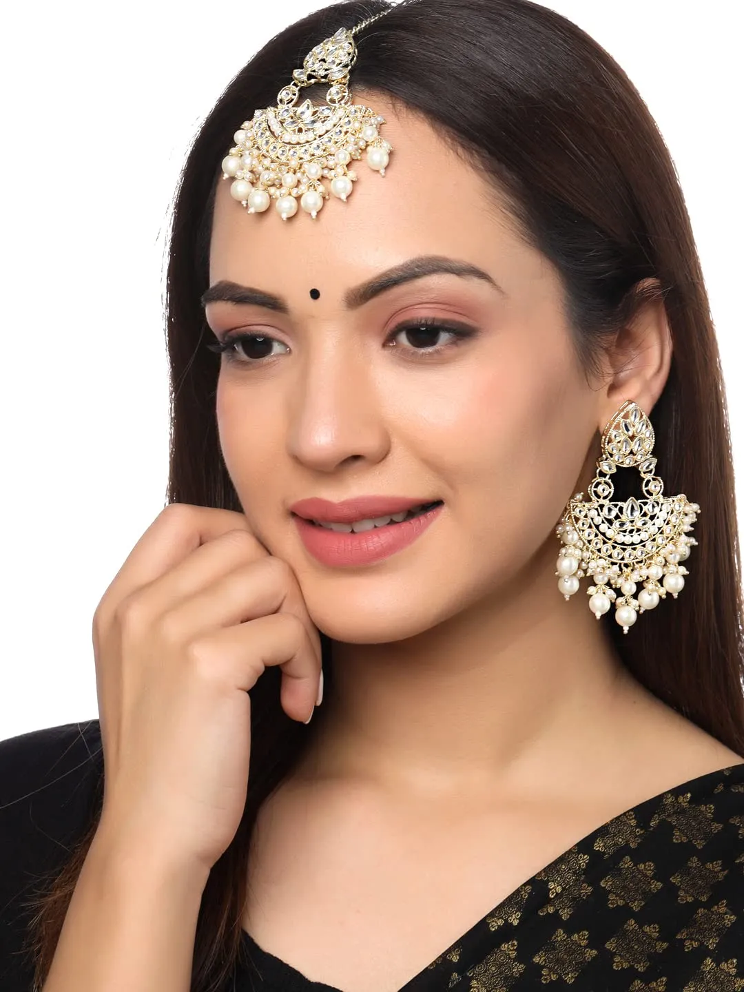 Yellow Chimes Earrings for Women Gold Toned Kundan Studded Beads Drop Chandbali Designed Earrings and Maang Tikka Set for Women and Girls