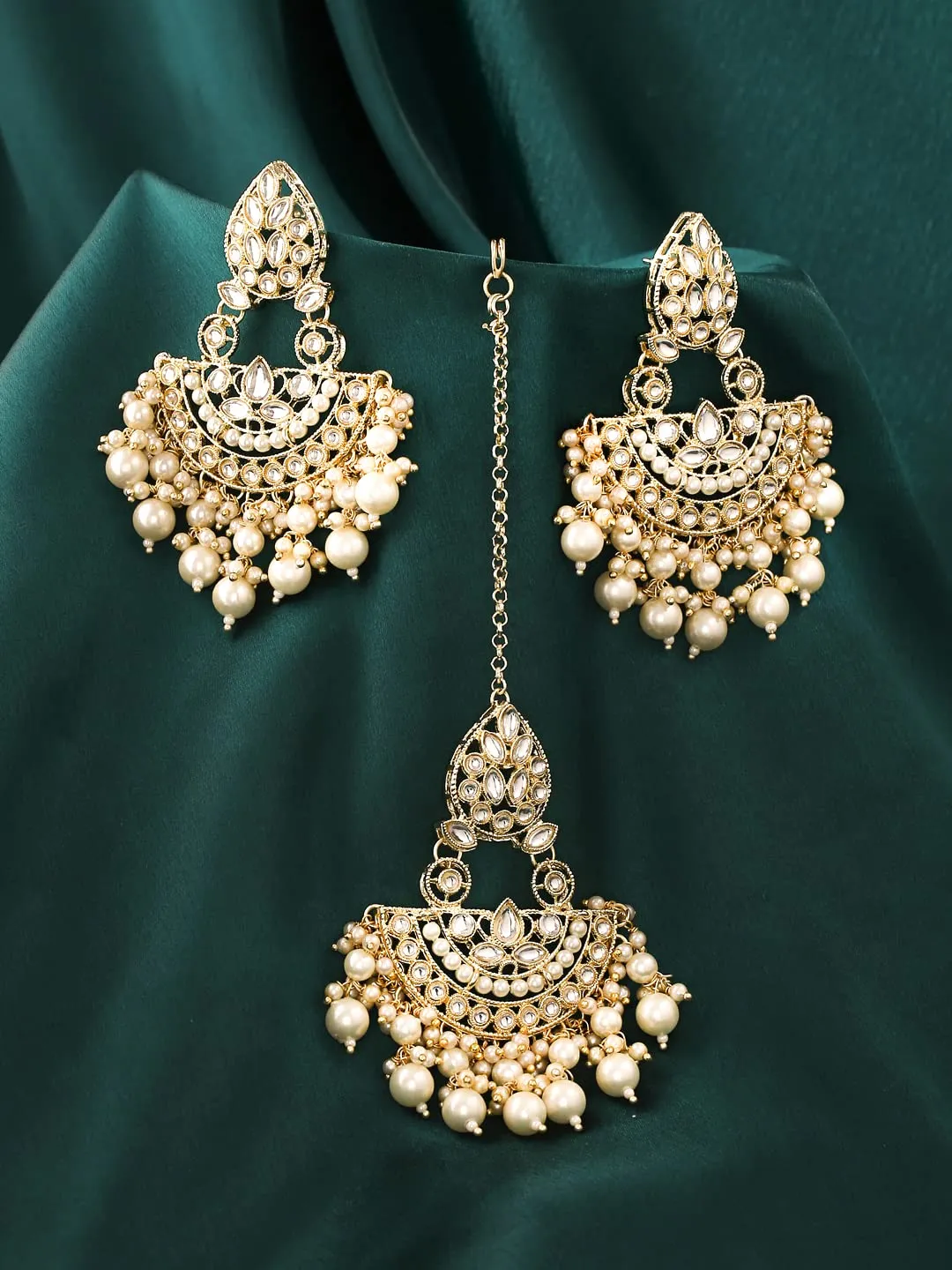 Yellow Chimes Earrings for Women Gold Toned Kundan Studded Beads Drop Chandbali Designed Earrings and Maang Tikka Set for Women and Girls