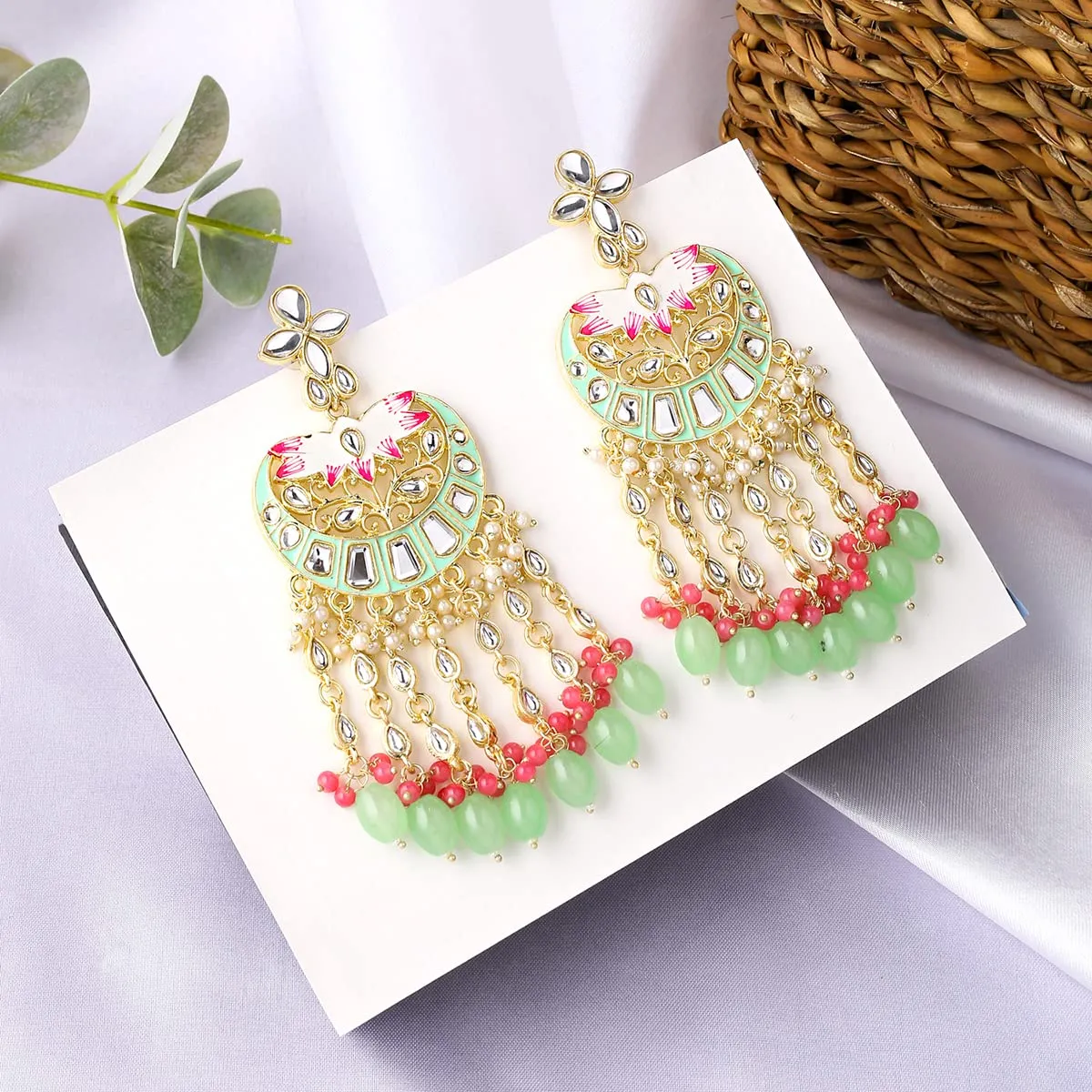 Yellow Chimes Earrings for Women Gold Toned Kundan Studded Green Beads Long Dangler Earrings for Women and Girls