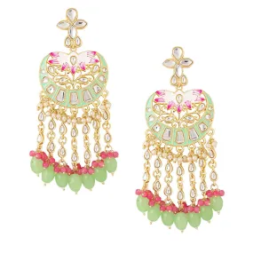 Yellow Chimes Earrings for Women Gold Toned Kundan Studded Green Beads Long Dangler Earrings for Women and Girls