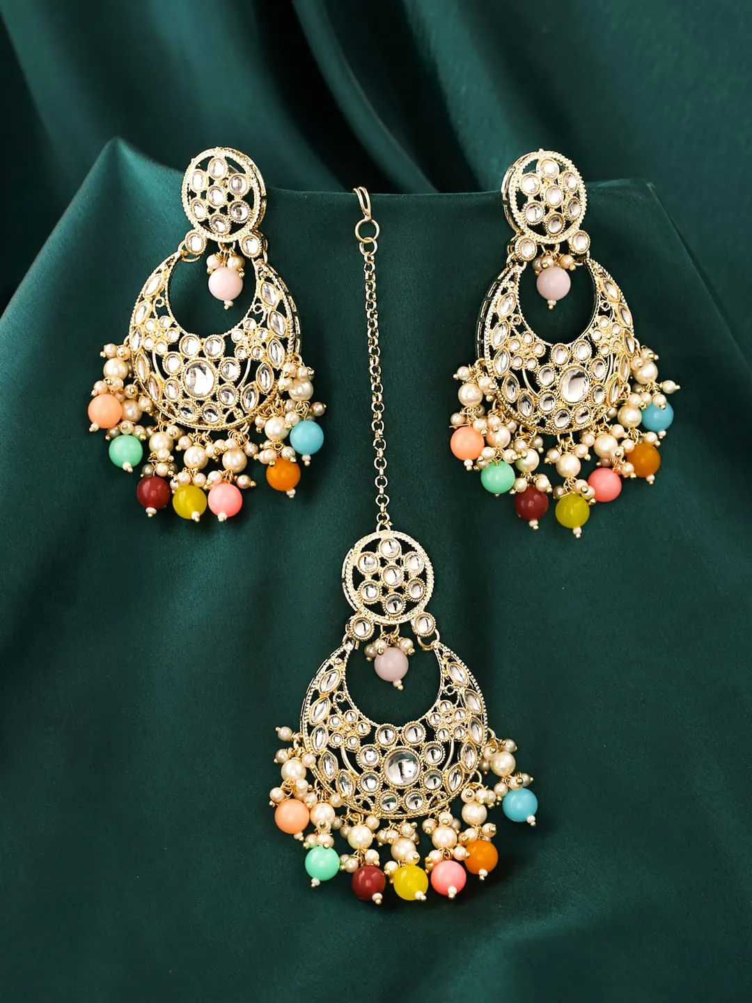 Yellow Chimes Earrings for Women Gold Toned Kundan Studded Multicolor Beads Drop Chandbali Designed Earrings and Maang Tikka Set for Women and Girls