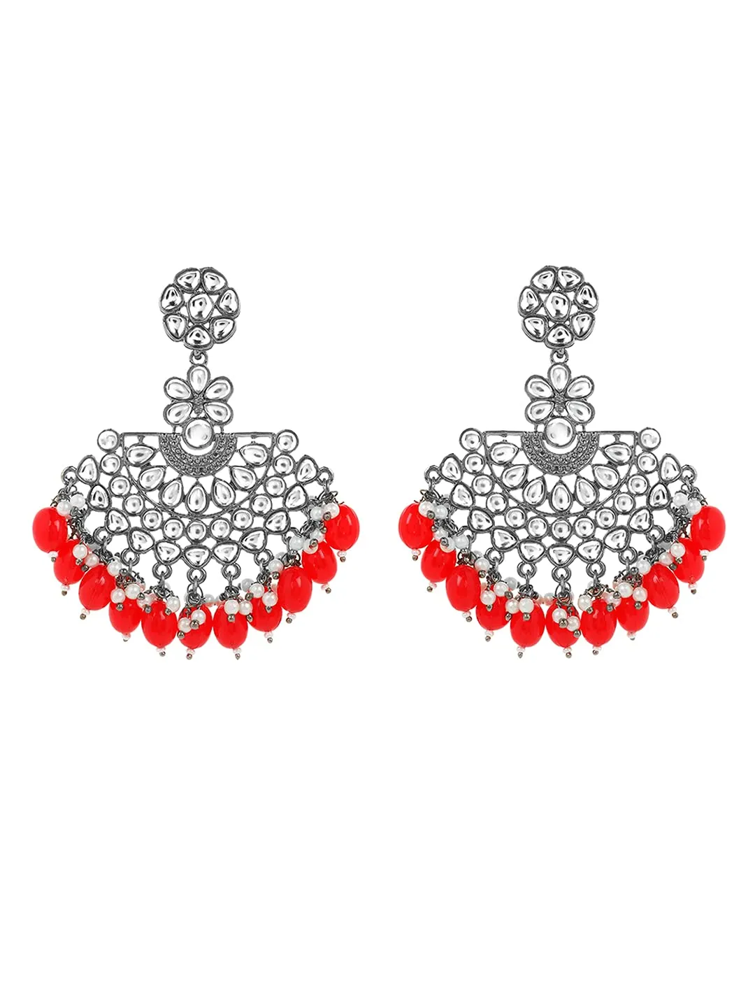 Yellow Chimes Ethnic Silver Oxidised Floral Design Kundan Studded Red Beads Chandbali Earrings for Women and Girls, Silver, Red, Medium (YCTJER-93BLKMTK-RD)