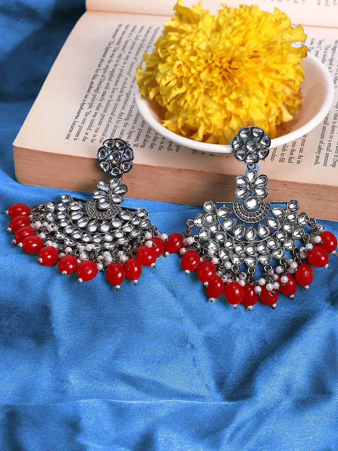 Yellow Chimes Ethnic Silver Oxidised Floral Design Kundan Studded Red Beads Chandbali Earrings for Women and Girls, Silver, Red, Medium (YCTJER-93BLKMTK-RD)