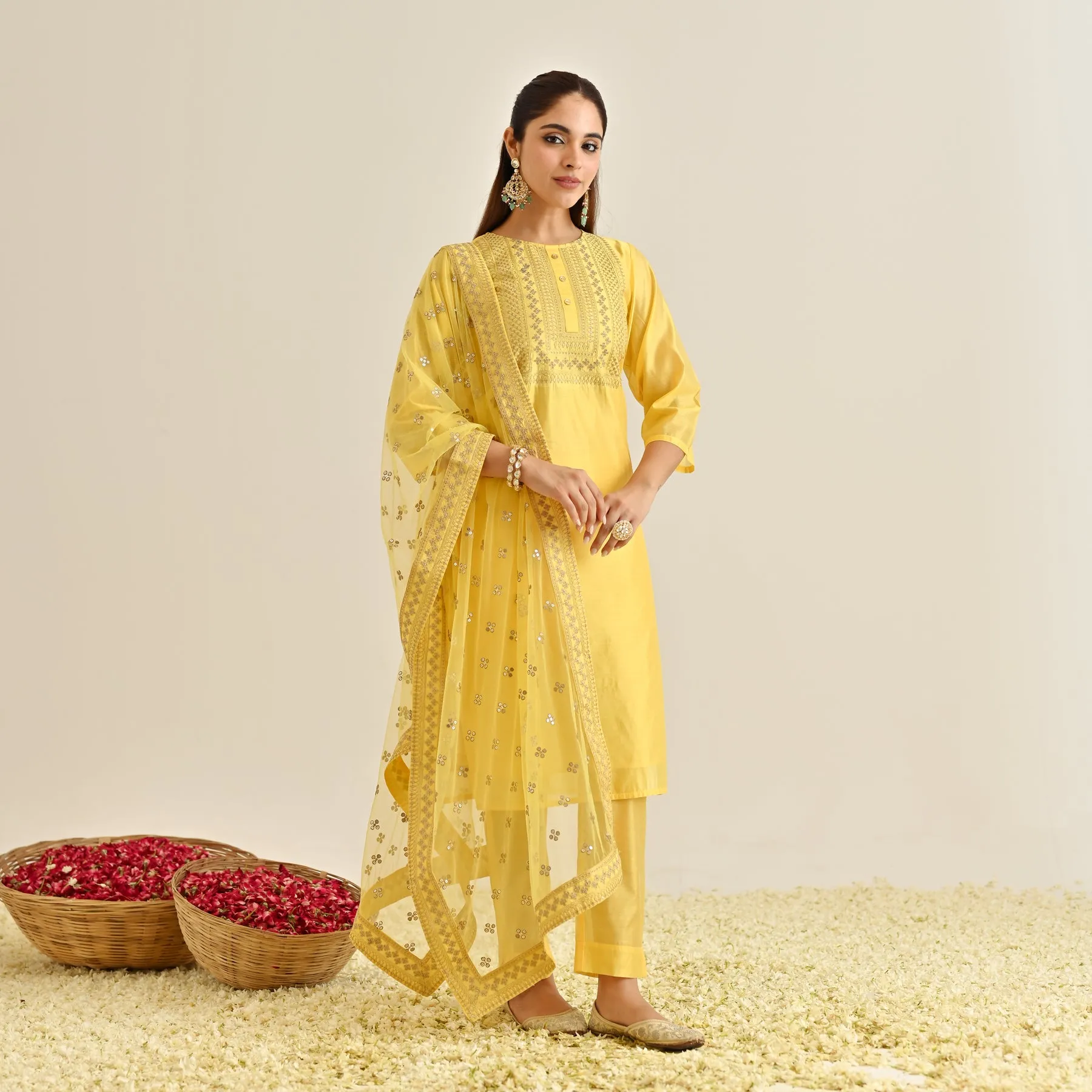 Yellow Festive Embroidered Kurta Set with Embroidered Dupatta